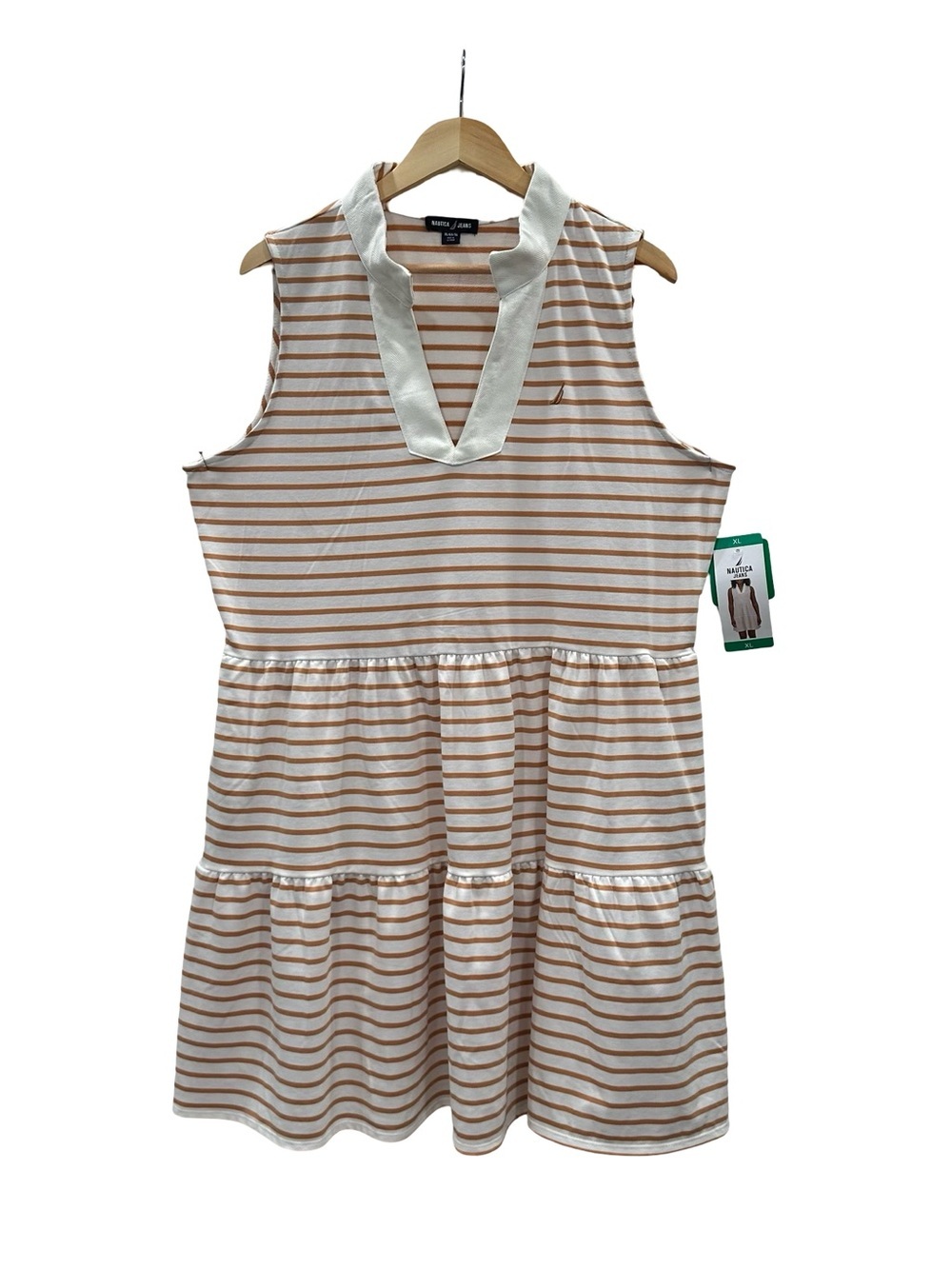 Nautica Jeans Striped Sleeveless Tiered Mini Dress White Tan XL NWT